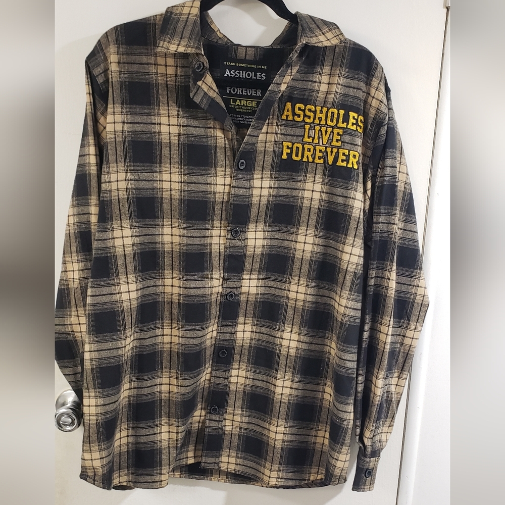 🌻NWOT A-Holes Live Forever Men's Plaid Button-Up Shirt - Black & Cream,yellow